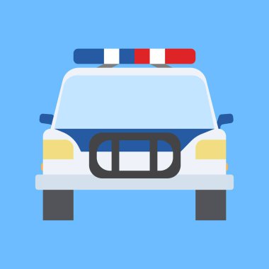 Polis arabası düz stil. Ön manzara, mavi arkaplanda izole edilmiş. Vektör illüstrasyonu.