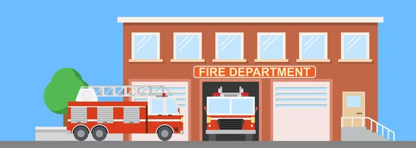 消防車2台付き消防署 フラットスタイルカラフルなベクトルイラスト — ストックベクタ