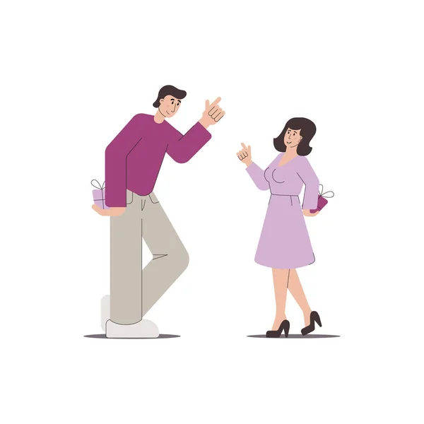 Couple Young People Guy Girl Holding Gifts Backs Give Them — Stock Vector