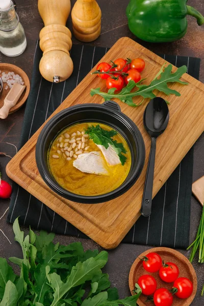 Close-up view of delicious cream soup in bowl — Stock Image Close View Delicious Cream Soup Bowl Stock Photo