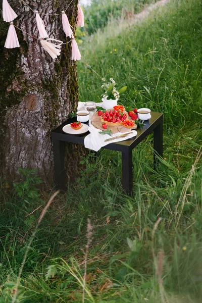 小さなタルトの庭で黒いテーブルの上のフルーツとイチゴのケーキ — ストック写真