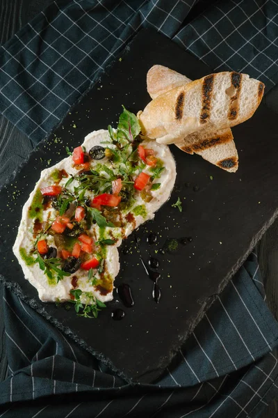 Fresh Hummus Served Grilled Vegetables Toasts Stone Board — Stock Photo, Image