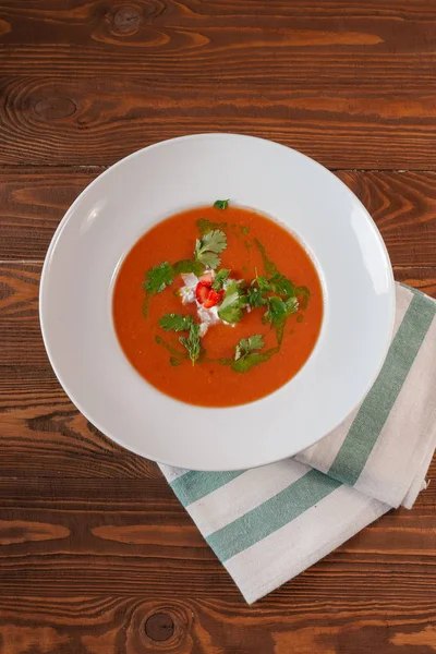 Cream Tomato Soup Served Parsley Wooden Table — Stock Photo, Image