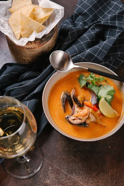 Soup with mussels and shrimps served with glass of wine — Stock Image Soup Mussels Shrimps Served Glass Wine Royalty Free Stock Photos