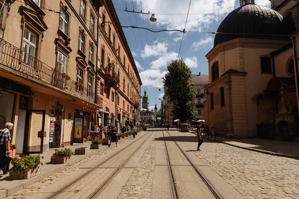 Perspective View Urban Street Tram Road — Stock Photo, Image