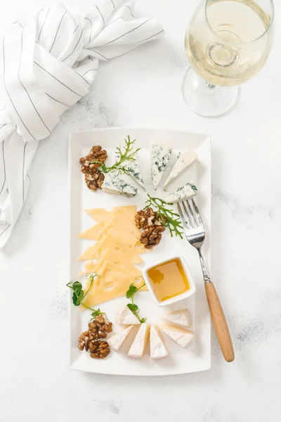 Cheese Plate Nuts Honey Served White Wine White Table — Stock Photo, Image