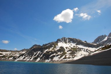 Bulutlu gökyüzü altında karlı dağlarda turkuaz Gölü manzaralı görünüm