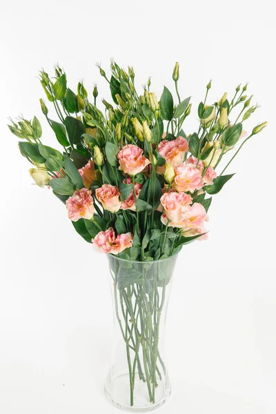 Wunderschöner Strauß Pfirsichfarbenes Eustoma Der Vase Auf Weißem Hintergrund — Stockfoto