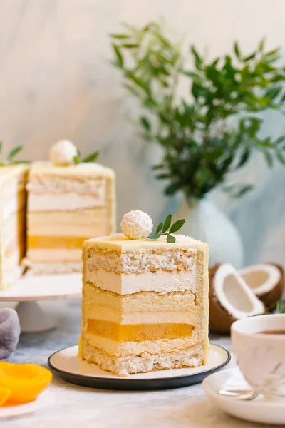 Close View Sweet Coconut Cake Plate — Stock Photo, Image