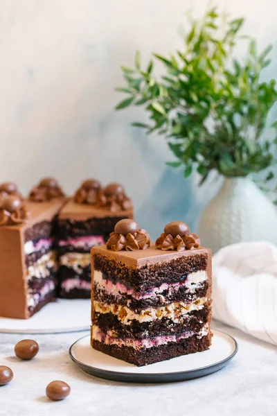 Vue Rapprochée Gâteau Maison Sucré Décoré Chocolat — Photo