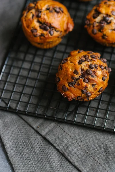 Deliciosos Muffins Caseiros Com Gotas Chocolate Close — Fotografia de Stock