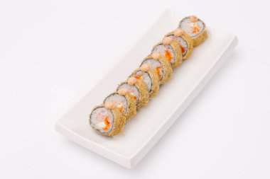 Japon Suşi rulo beyaz tabağında, Asya geleneksel sushi seti