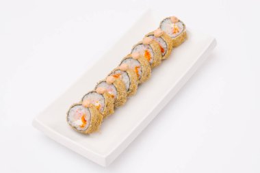 Japon Suşi rulo beyaz tabağında, Asya geleneksel sushi seti