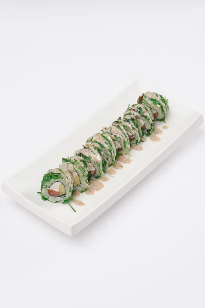 Rollos Sushi Japonés Plato Blanco Set Sushi Tradicional Asiático —  Fotos de Stock