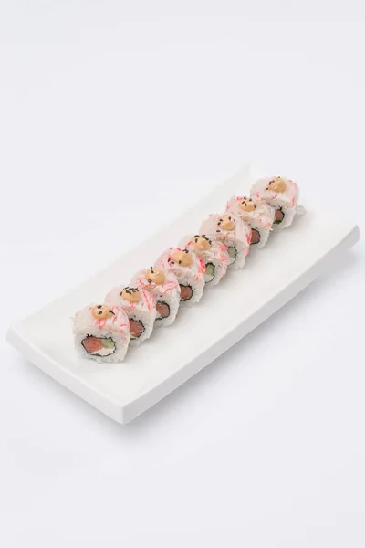 Rollos Sushi Japoneses Tradicionales Sobre Fondo Blanco —  Fotos de Stock