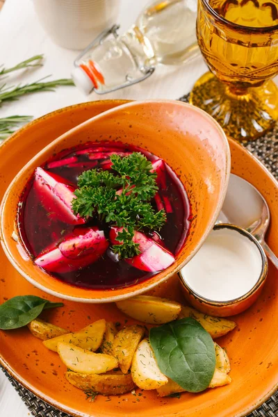 Homemade Cold Soup Beetroot Egg Pieces — Stock Photo, Image