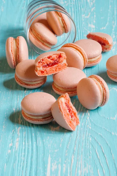 Close View Delicious Pink Macaroons Blue Wooden Table — Stock Photo, Image