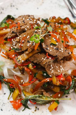 et, erişte ve sebze ile Asya yemek görünümünü kapat