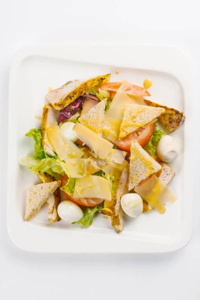 Vista Superior Salada Fresca Com Ovos Pão Legumes Prato — Fotografia de Stock