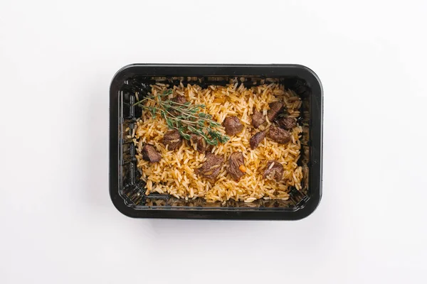 Верхний Вид Правильного Питания Риса Мяса Коробке Белом Фоне — стоковое фото