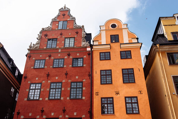 Low angle view of traditional architecture on street of Stockholm, Sweden