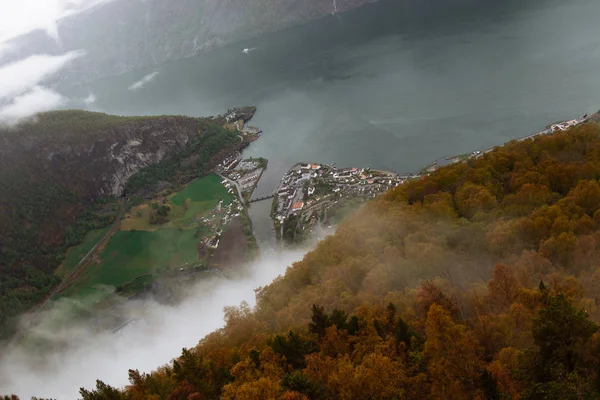 Neblige Landschaft Bewaldeter Landschaft Mit Luftaufnahmen Von Stadthäusern Ufer Norwegen — Stockfoto