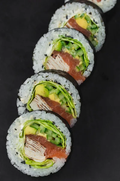 Tasty Fresh Sushi Black Background — Stock Photo, Image