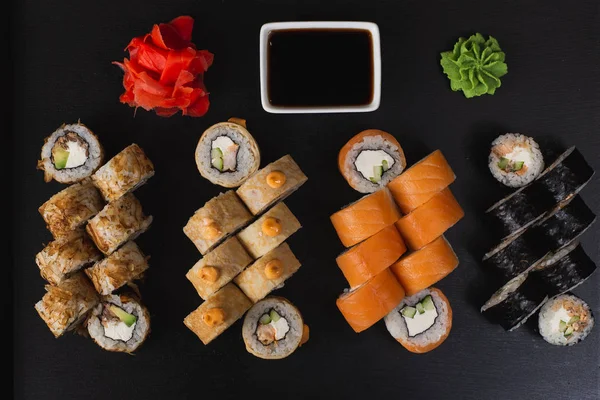 Tasty Fresh Sushi Black Background — Stock Photo, Image