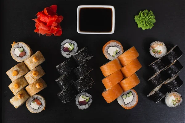 Tasty Fresh Sushi Black Background — Stock Photo, Image