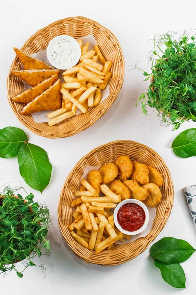 French fries, fried chicken, croutons and dips — Stock Image French Fries Fried Chicken Croutons Dips Royalty Free Stock Photos