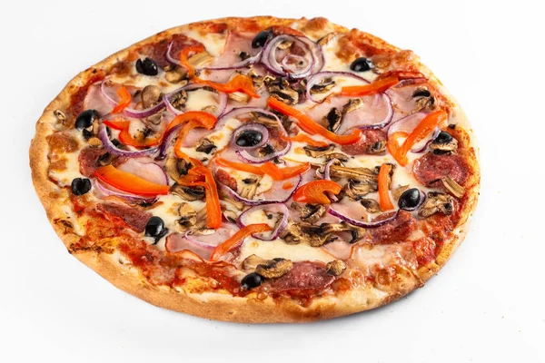 Pizza Com Cogumelos Queijo Azeitonas — Fotografia de Stock
