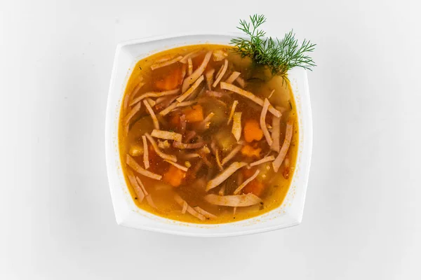 Bowl Spicy Tomato Soup Meat Slices Carrots White Background — Stock Photo, Image