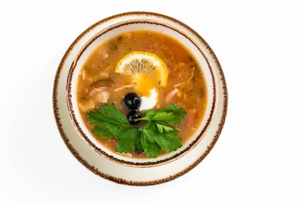 Sopa Pollo Con Tomates Verduras Decoradas Con Rodajas Limón — Foto de Stock