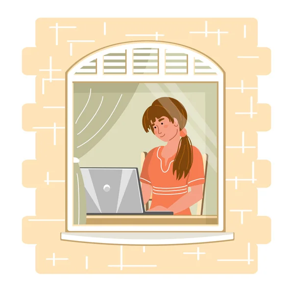 Young Woman Laptop Window Working Home Safety Home Concept Happy — Stock Vector