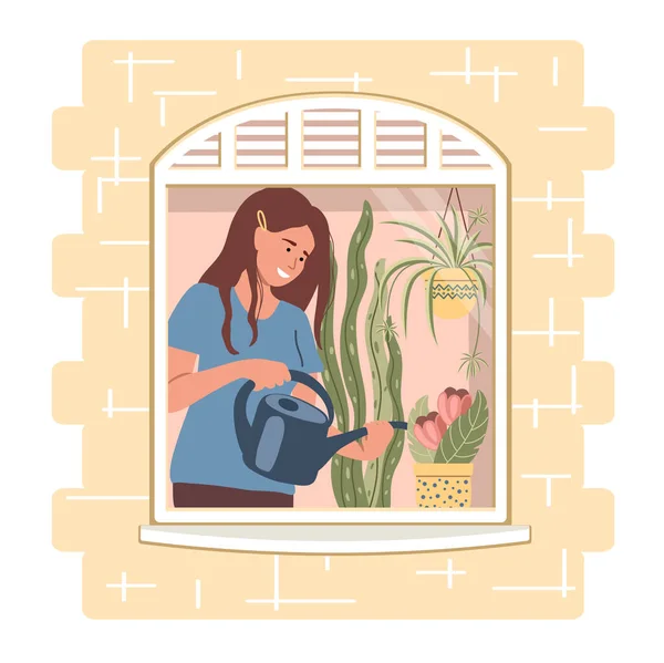 Uśmiechnięta Kobieta Trzyma Konewkę Podlewa Kwiaty Przy Oknie Domu Ogrodnictwo — Wektor stockowy