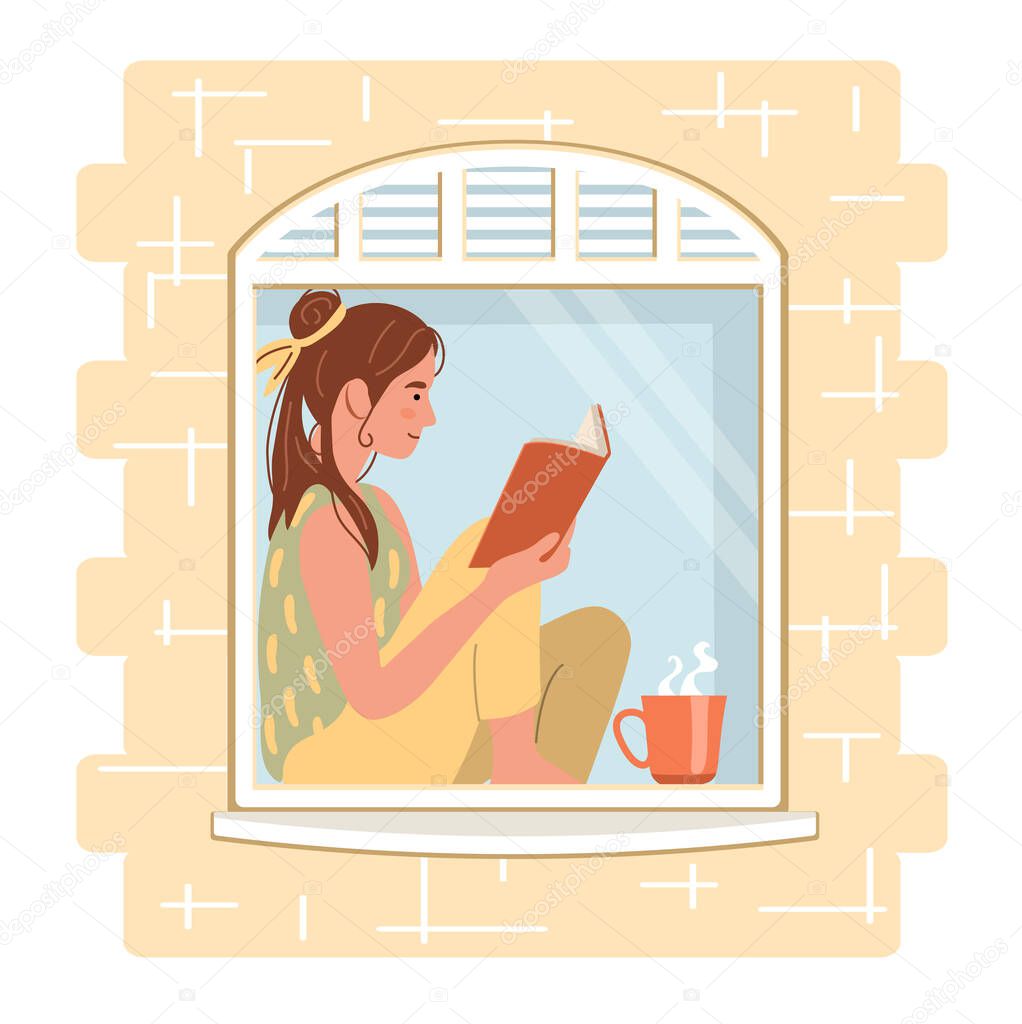 Young woman reading a book sitting by the window at home. Safety home concept. Happy people at home. Vector illustration in flat style
