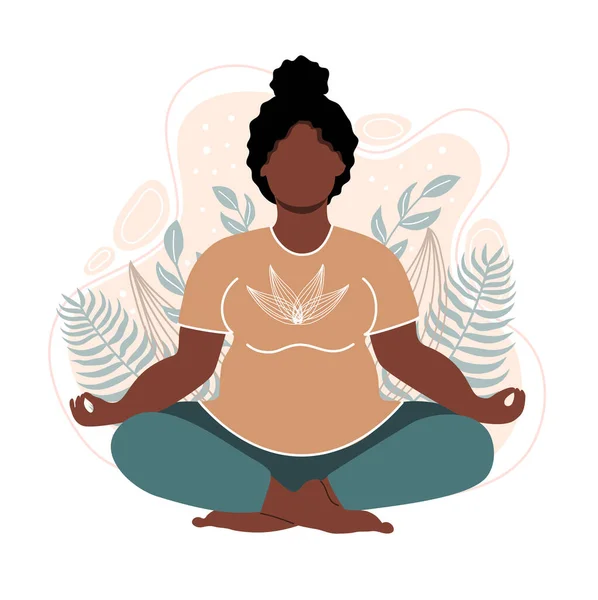 プラスサイズアフリカ系アメリカ人女性瞑想し 自然の背景にハスの中に座っている 魅力的な太りすぎの女の子 リラックスのためのコンセプトイラスト 平型ベクトルイラスト — ストックベクタ