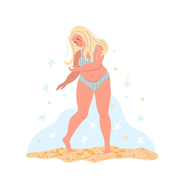 Size Junge Frau Badeanzug Tanzt Strand Glückliche Menschen Zeichnen Flachen — Stockvektor