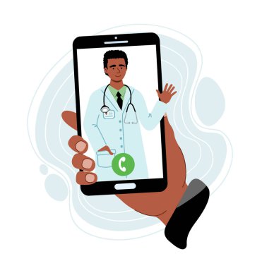 Doktor kontağı olan bir el telefonu tutuyor. Online danışman doktor konsepti. İnternet üzerinden tıbbi tanılar. 