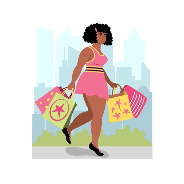 プラスサイズアフリカ系アメリカ人女性ピンクのドレスでショッピングバッグで街の背景 フラットスタイルでかわいいベクトルイラストの描画 幸せな女性や女の子のショッピング販売のコンセプト — ストックベクタ