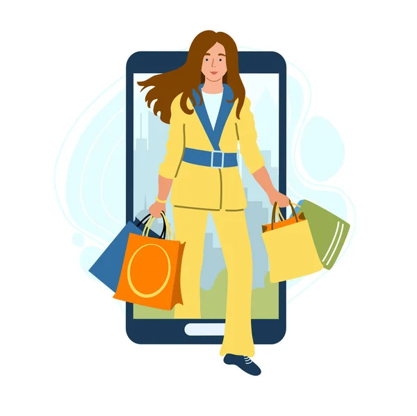 Vrouw Een Geel Pak Met Boodschappentassen Telefoonachtergrond Leuke Vector Illustratie — Stockvector