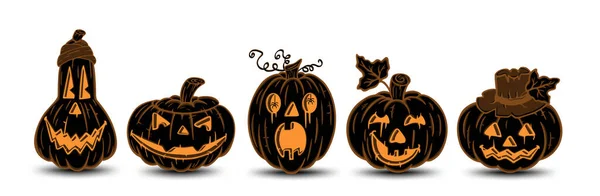 Conjunto Abóboras Pretas Com Rostos Esculpidos Símbolo Principal Feriado Halloween — Vetor de Stock