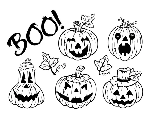 Conjunto Abóboras Com Rostos Esculpidos Símbolo Principal Feriado Halloween Ilustração — Vetor de Stock