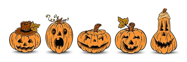 Conjunto Abóboras Laranja Com Rostos Esculpidos Símbolo Principal Feriado Halloween — Vetor de Stock