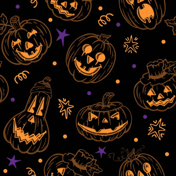Halloween Minta Különböző Fekete Sütőtök Faragott Arcok Csillagok Vektor Zökkenőmentes — Stock Vector