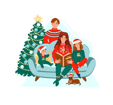 Noel 'de kanepeye oturan mutlu bir aile. Noel ağacı geçmişinde çocuklu ebeveynler. Evdeki mutlu insanlar. Şirin vektör düz çizimi.