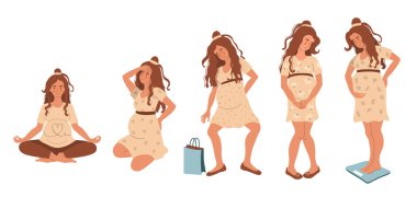 Çeşitli durumlarda genç hamile bir kadın. Hamile bir anne takımı rahatsız bir durumda. Düz vektör çizimi beyaz üzerine izole edildi.