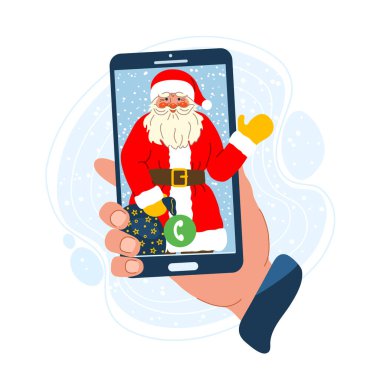 Elinde güler yüzlü Noel Baba teması olan bir telefon var. Arka planda kar yağıyor. İnternetteki Noel konsepti. Çizgi film vektör illüstrasyonuName.