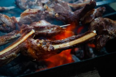 Metal bir şişte barbekü yapmak. Barbeküde ızgara et. Dilimlere kesilmiş taze et şişleri. Geleneksel doğu yemeği, barbekü. Kömür ve alev ızgarası, piknik, sokak yemeği.