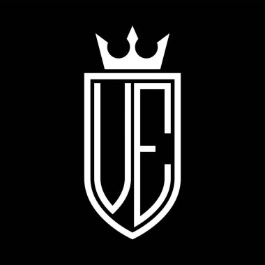 Taçlı ve minimalist, zarif, ince çizgili baş harfleri kalkan VE Vektör logosu